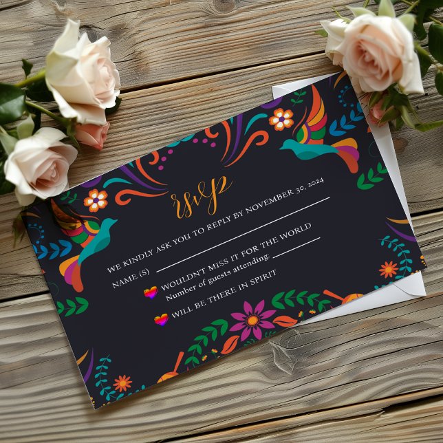 Mexican Black Colourful Floral Nuestra Boda Weddin RSVP Card (Mexican Black Colorful Floral Nuestra Boda Wedding RSVP Card)