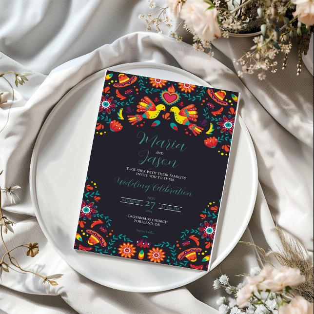 Mexican Black Fiesta Sombrero Folk Art Wedding Invitation (Mexican Black Fiesta Sombrero Folk Art Wedding Invitation)