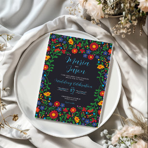 Mexican Black Floral Colorful Folk Art Wedding Invitation