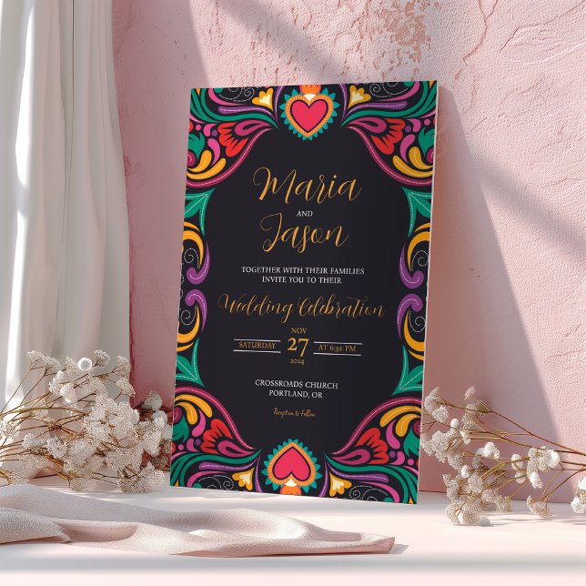 Mexican Black Floral Colourful Fiesta Boda Wedding Invitation (Mexican Black Floral Colorful Fiesta Boda Wedding Invitation)