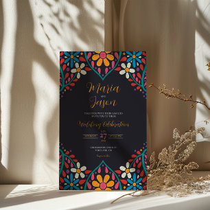Mexican Black Floral Colourful Flowers Boda Weddin Invitation