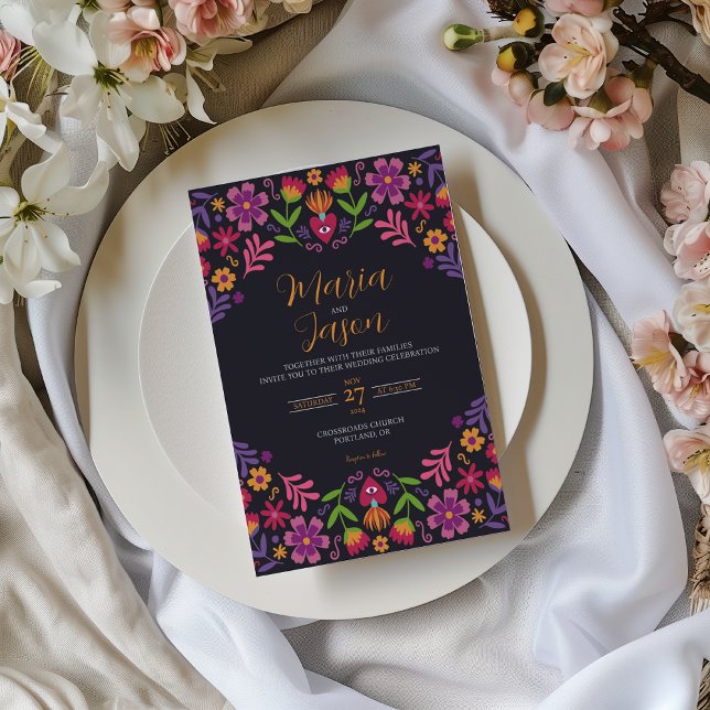 Mexican Black Floral Fiesta Nuestra Boda Wedding Invitation (Mexican Black Floral Fiesta Nuestra Boda Wedding Invitation)