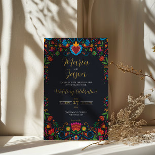 Mexican Black Floral Otomi Colorful Fiesta Wedding Invitation
