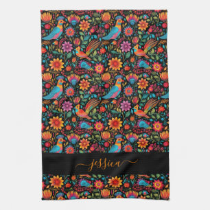 Mexican black floral script name apron tea towel