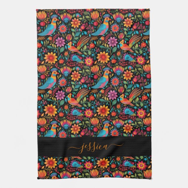 Mexican black floral script name apron tea towel (Vertical)
