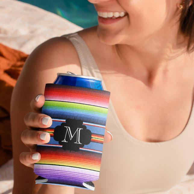 Mexican Blanket Fiesta Stripes Colourful Monogram Can Cooler (Creator Uploaded)