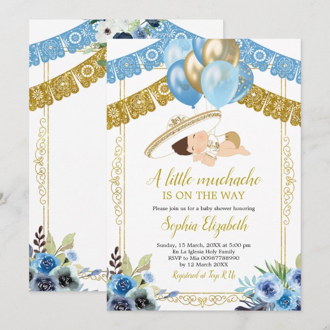 Mexican Blue and Gold Charro Little Muchacho Invitation (Front/Back)