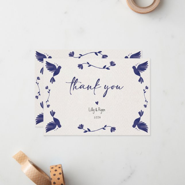 Mexican Blue Bird Fiesta Bridal Thank You Card (Front/Back In Situ)