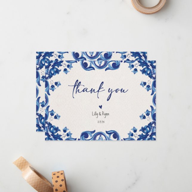 Mexican Blue Fiesta Bridal Thank You Card (Front/Back In Situ)