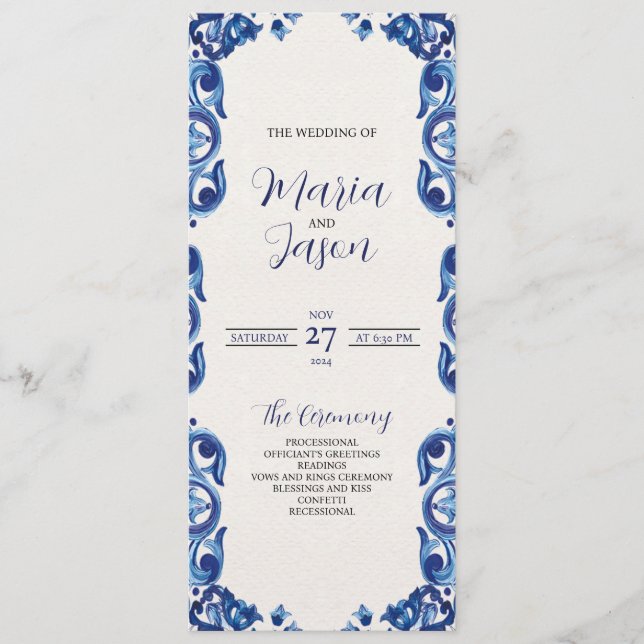 Mexican Blue Floral Elegant Flowers Fiesta Wedding Programme (Front)