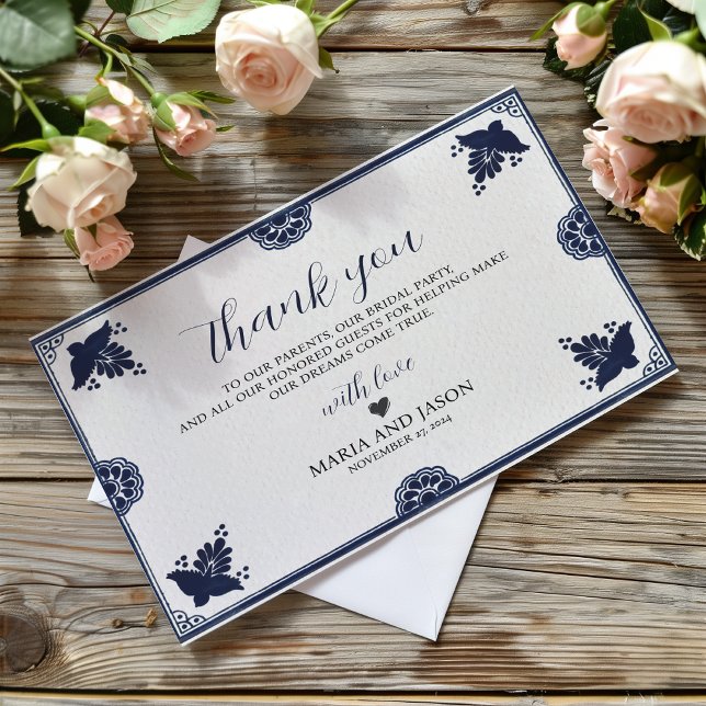 Mexican Blue Floral Otomi Simple Fiesta Wedding Thank You Card (Mexican Blue Floral Otomi Simple Fiesta Wedding Thank You Card)
