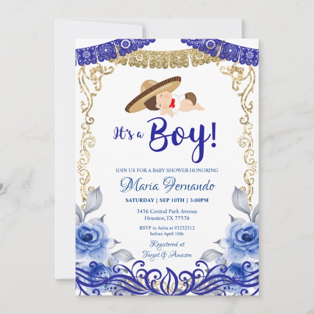 Mexican Blue & Gold Baby Shower Invitation (Front)
