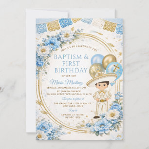 Mexican Blue gold Boy baptism and first birthday Invitation