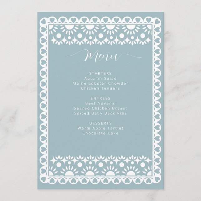 Mexican Blue Papel Picado Boho Bridal Shower Menu (Front)