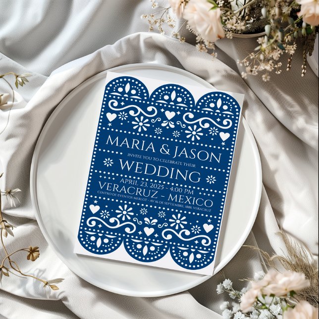 Mexican Blue Papel Picado Folk Art Wedding Invitation (Mexican Blue Papel Picado Folk Art Wedding Invitation)