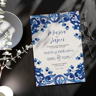 Mexican Blue Talavera Majolica Floral Boda Wedding Invitation