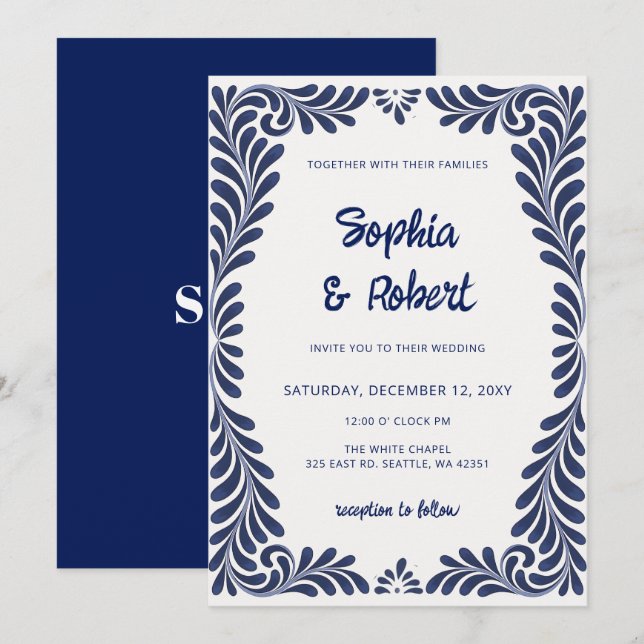 Mexican Blue Talavera Tiles Wedding Invitation (Front/Back)
