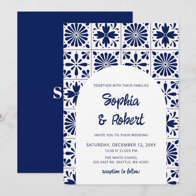 Mexican Blue Talavera Tiles Wedding Invitation (Front/Back)