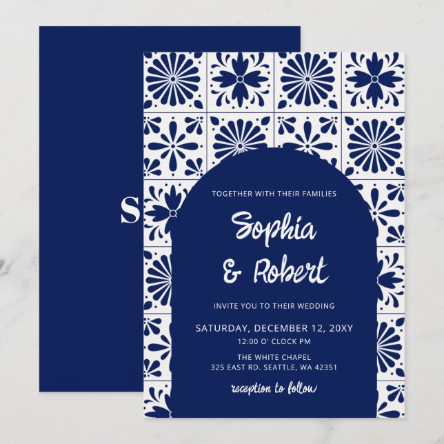Mexican Blue Talavera Tiles Wedding Invitation (Front/Back)