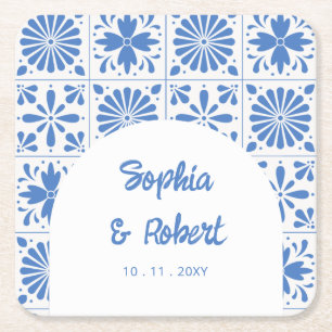 Mexican Blue Talavera Tiles Wedding Square Paper Coaster