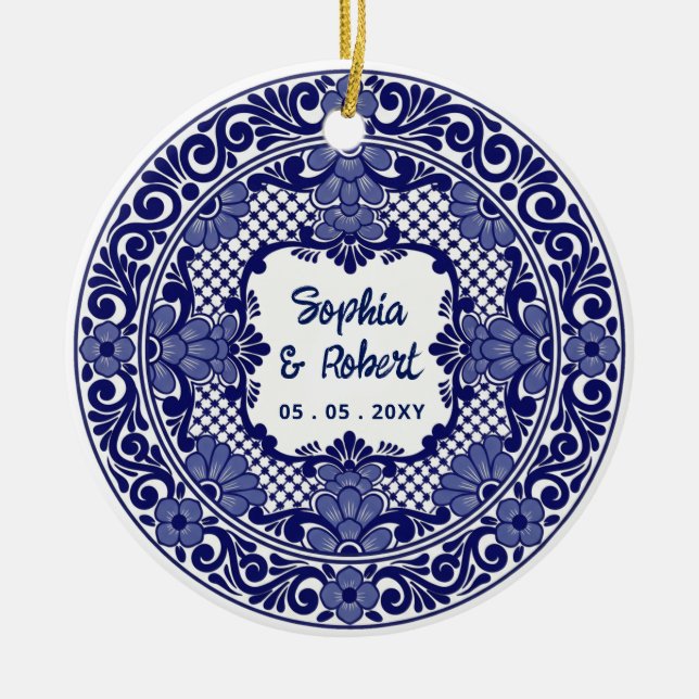 Mexican Blue Talavera Wedding Ceramic Tree Decoration (Front)