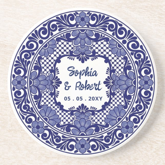 Mexican Blue Talavera Wedding Coaster (Front)