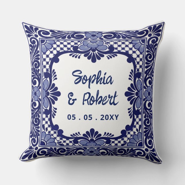 Mexican Blue Talavera Wedding Cushion (Front)