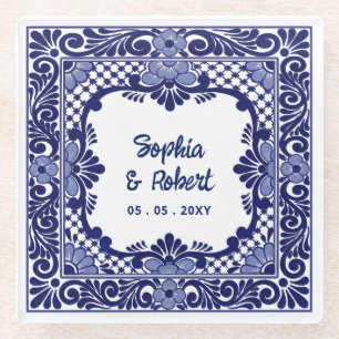 Mexican Blue Talavera Wedding Glass Coaster