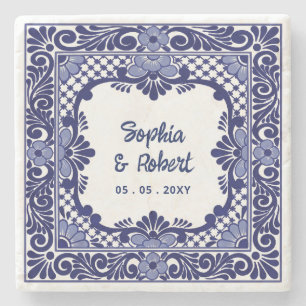 Mexican Blue Talavera Wedding Stone Coaster