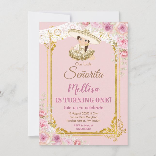 Mexican Blush Pink and Gold Girl Fiesta Birthday  Invitation (Front)