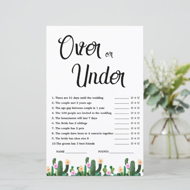 Mexican Cacti Over or Under Bridal Shower Game (Standing Front)