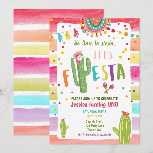 Mexican Cactus 1st First Fiesta Birthday Invitation (Front/Back)