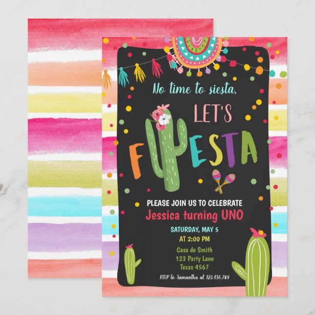 Mexican Cactus 1st First Fiesta Birthday Invitation (Front/Back)