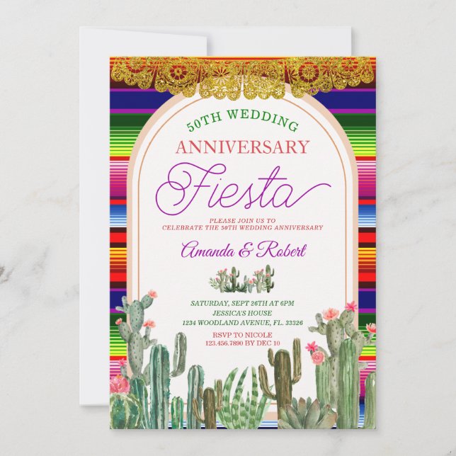 Mexican Cactus 50th Wedding Anniversary Fiesta Invitation (Front)