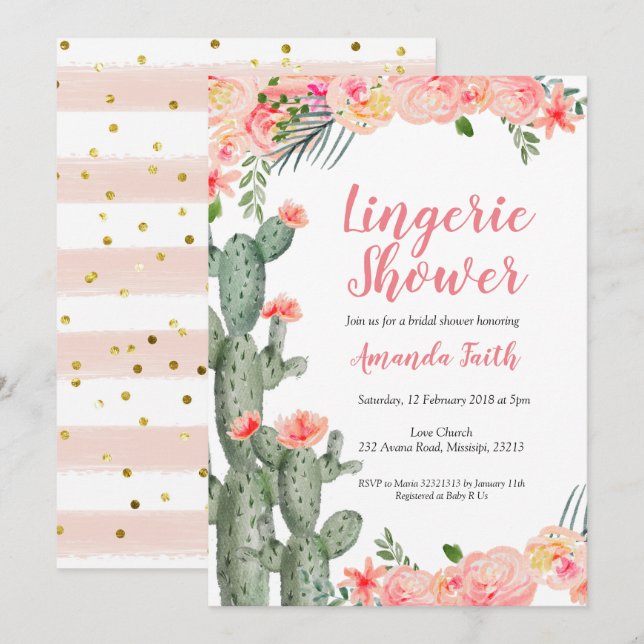 Mexican Cactus Floral Lingerie Shower Invitation (Front/Back)