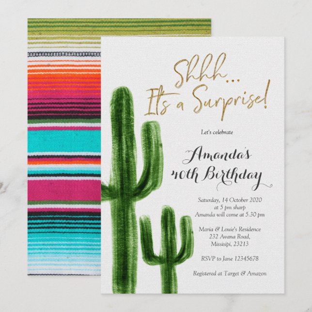 Mexican Cactus Surprise Birthday Party Invitation (Front/Back)