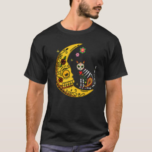Mexican Calavera Cat With Moon Dia de Muertos Hall T-Shirt