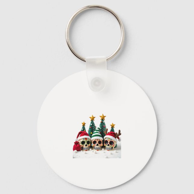 Mexican Calavera Santa Flower Sugar Skull Christma Key Ring (Front)