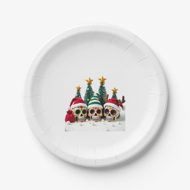 Mexican Calavera Santa Flower Sugar Skull Christma Paper Plate (Front)