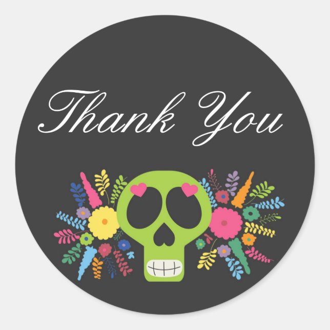 Mexican Calavera Sugar Skull Floral Edgy Thank You Classic Round Sticker (Front)