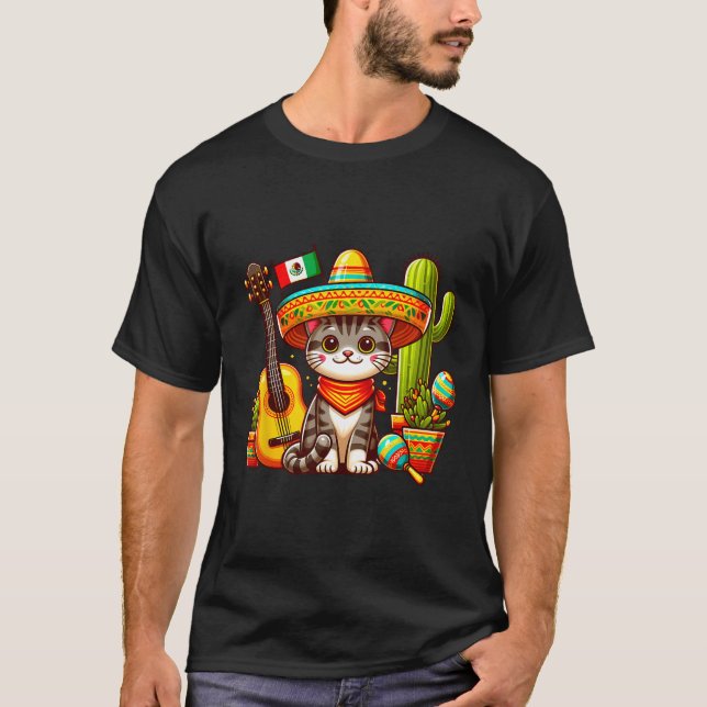 Mexican Cat Cinco De Mayo Kitten Let's Fiesta Viva T-Shirt (Front)