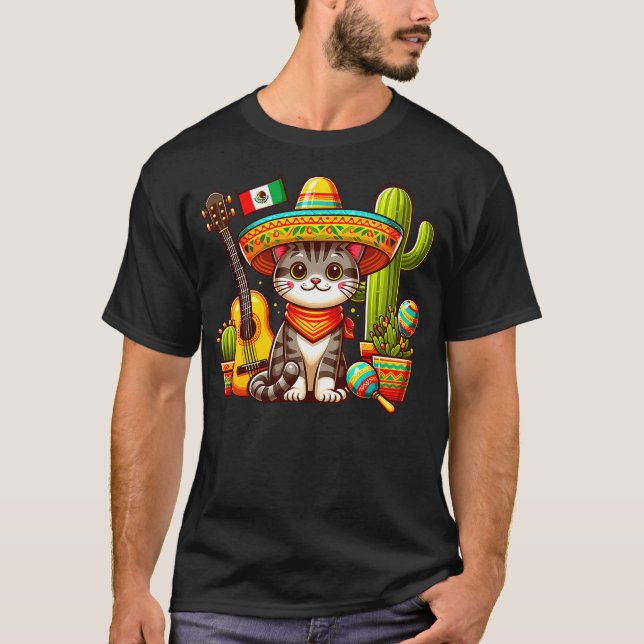 Mexican Cat Day of dead cute kitty Let's Fiesta Vi T-Shirt (Front)