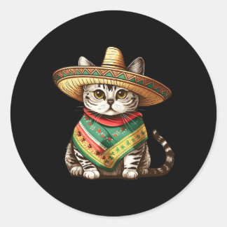 Mexican Cat Wearing Sombrero Hat And Poncho Cinco  Classic Round Sticker