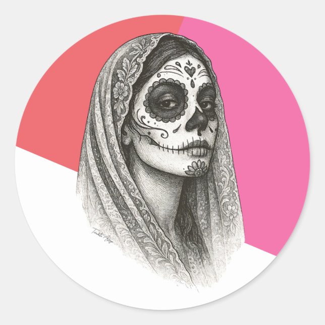 Mexican Catrina with Roses and Veil Dia de muertos Classic Round Sticker (Front)