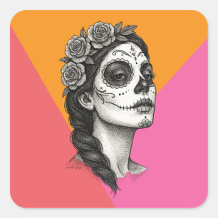 Mexican Catrina with Roses Day of the Dead Square Sticker