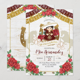 Mexican Charra Burgundy Red Quinceanera Western In Invitation