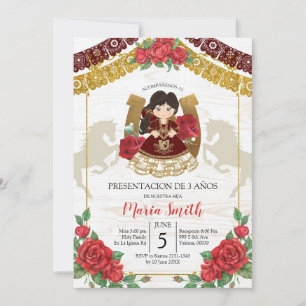 Mexican Charra Burgundy Red Rose Third Birthday In Invitation