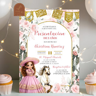 Mexican Charra Pink Floral Girl Presentacion de 3  Invitation