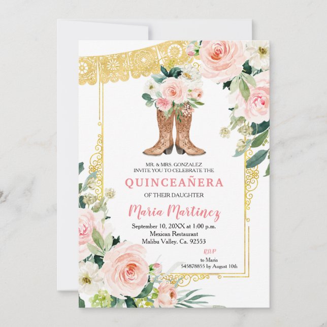 Mexican Charro Boots Pink and Gold Quinceañera  Invitation (Front)