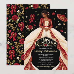 Mexican Charro Princess Quinceañera Red Gold Invitation